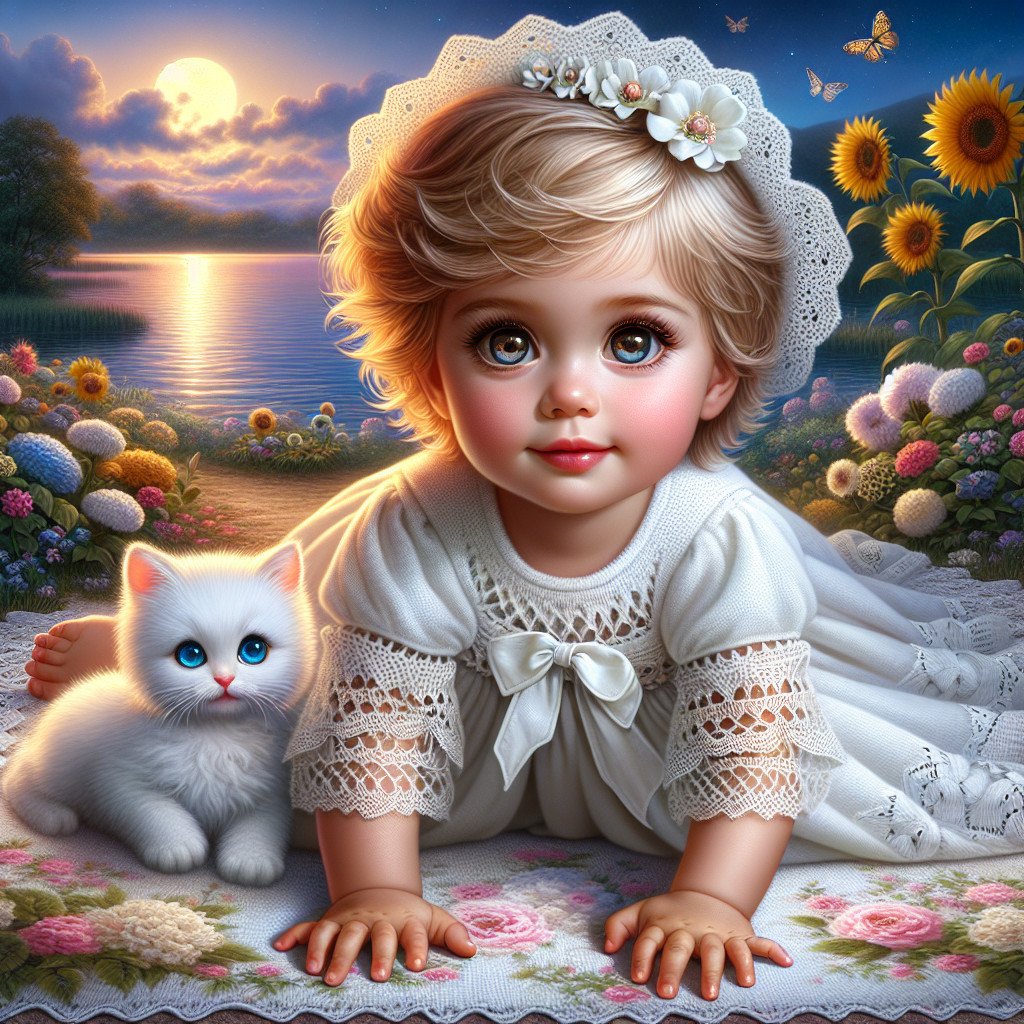 Toddler with Kitten by Lake at Sunset with Flowers