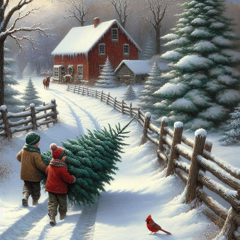 Children Carry Christmas Tree in Winter Landscape