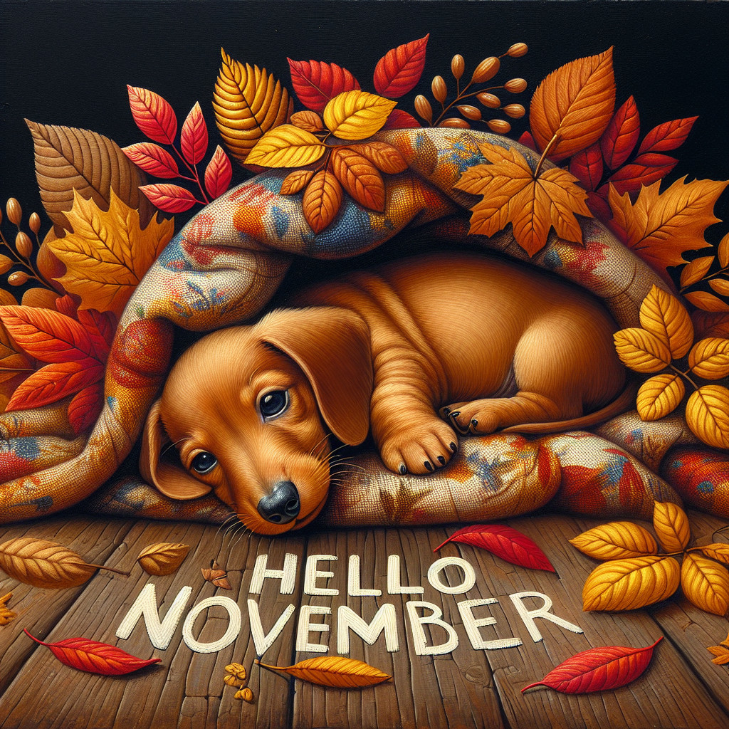 Sleepy Puppy Under Cozy Blanket in Autumn Leaves