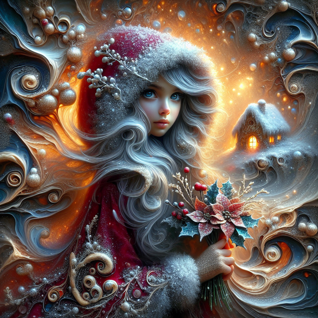 Whimsical Winter Scene with Girl in Red Cloak