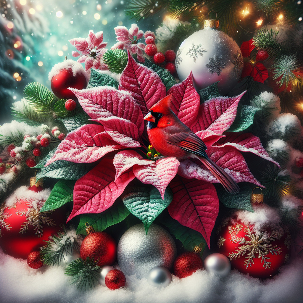 Red Cardinal on Pink Poinsettia with Holiday Decor