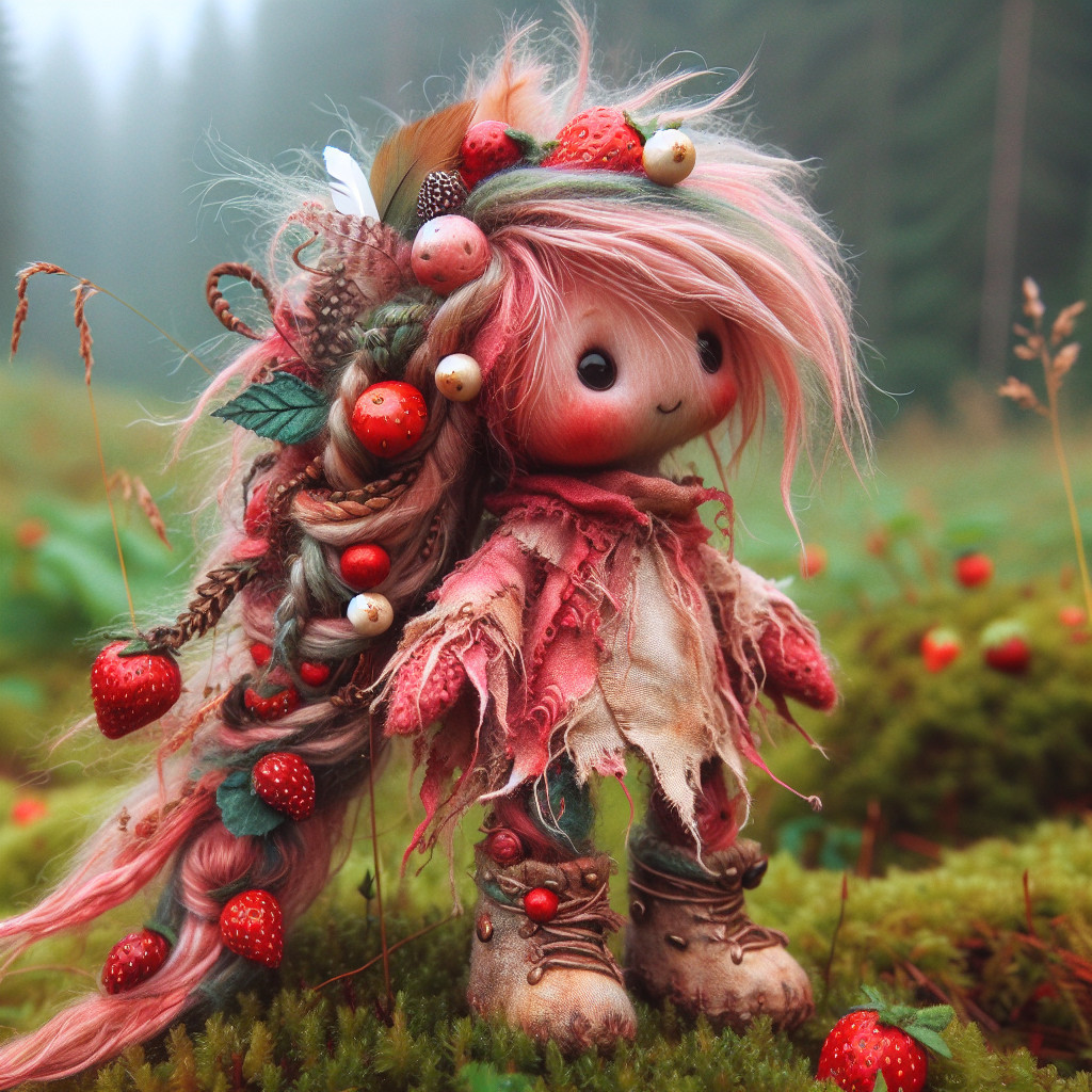 Whimsical Doll Surrounded by Moss and Strawberries
