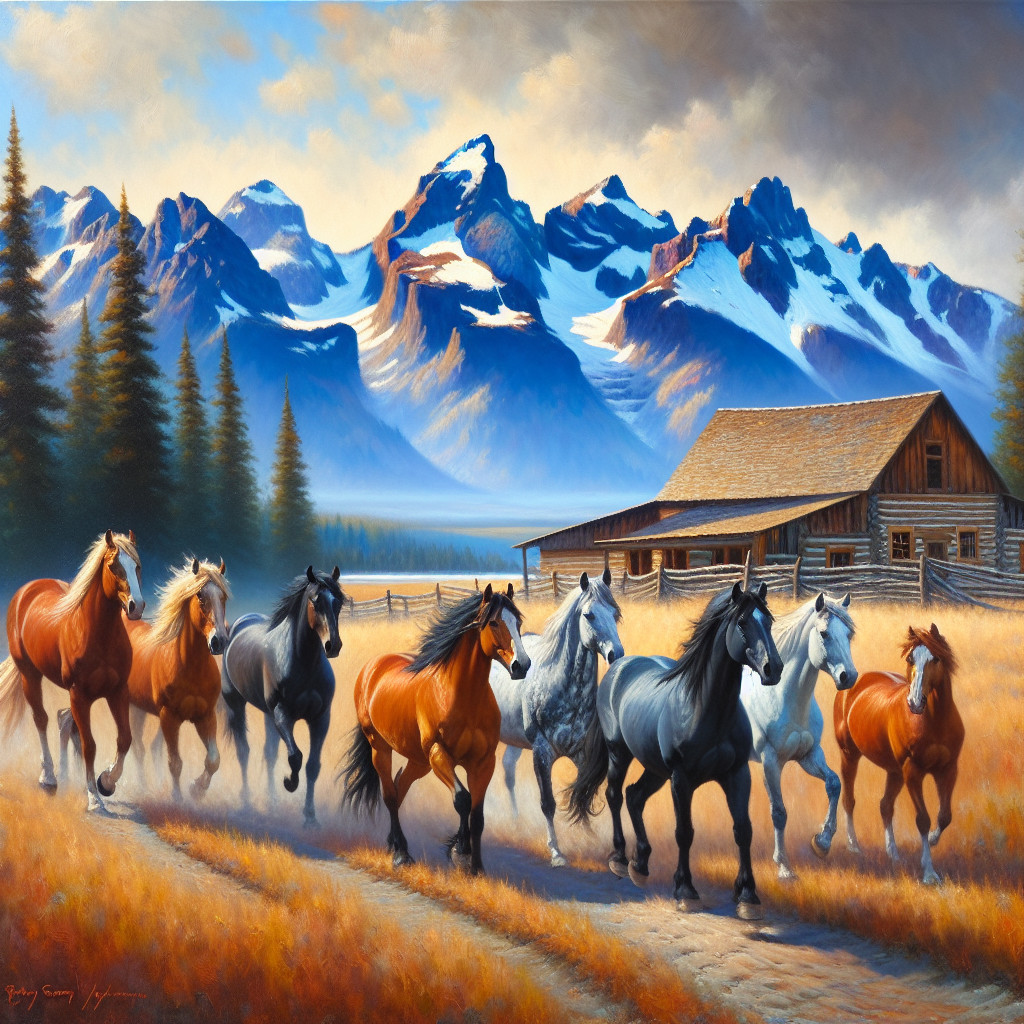 Horses Running in a Golden Meadow with Mountains