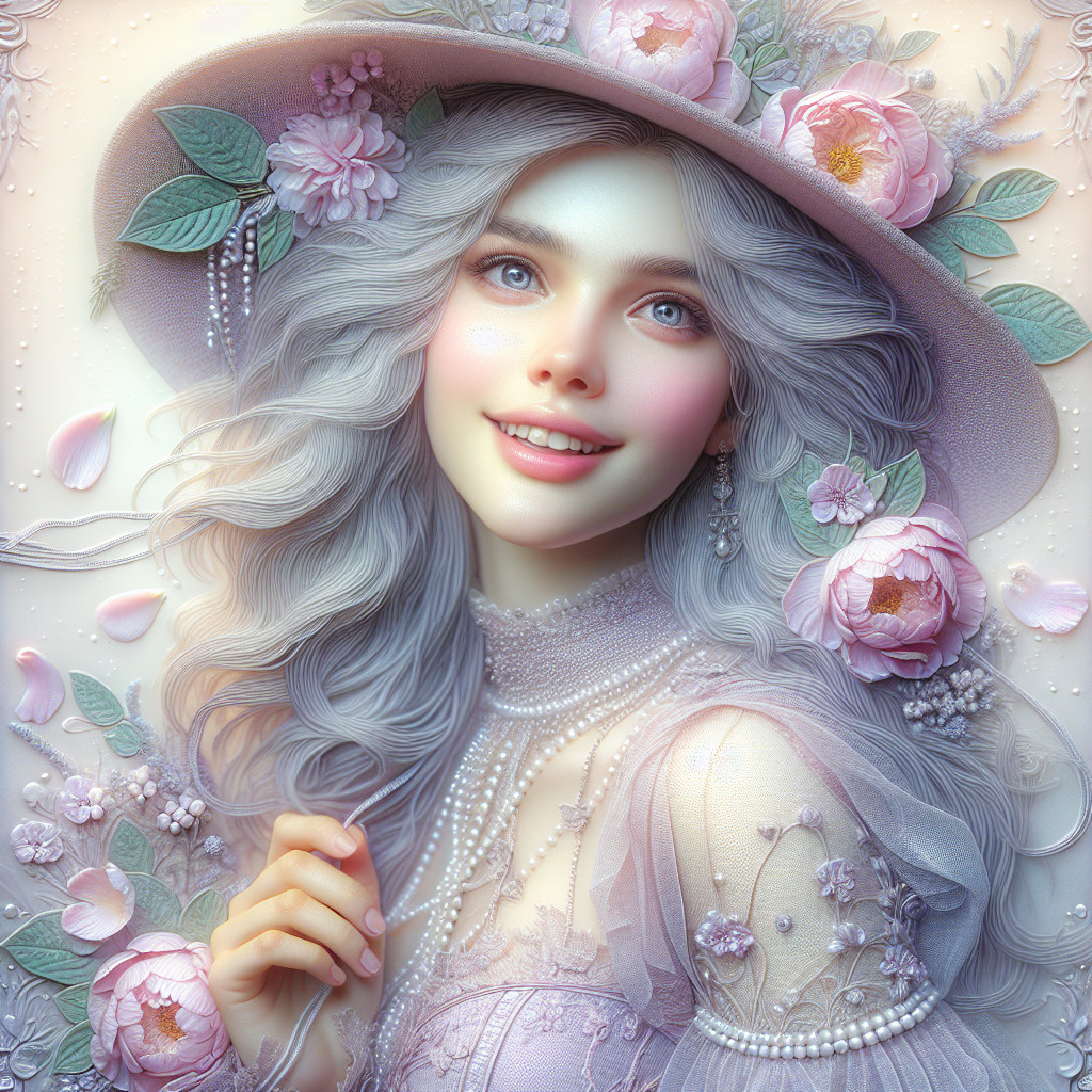 Young Woman in Pastel Dress with Floral Hat