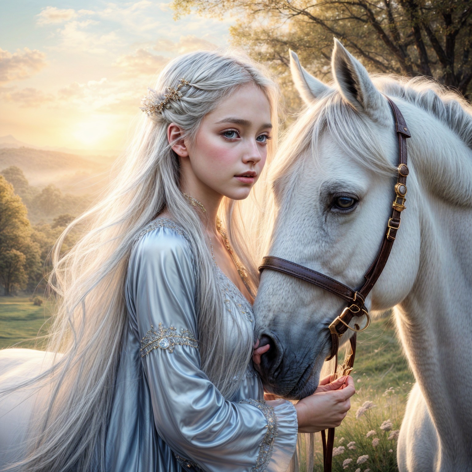 Young Woman with Silver Hair and White Horse at Sunset