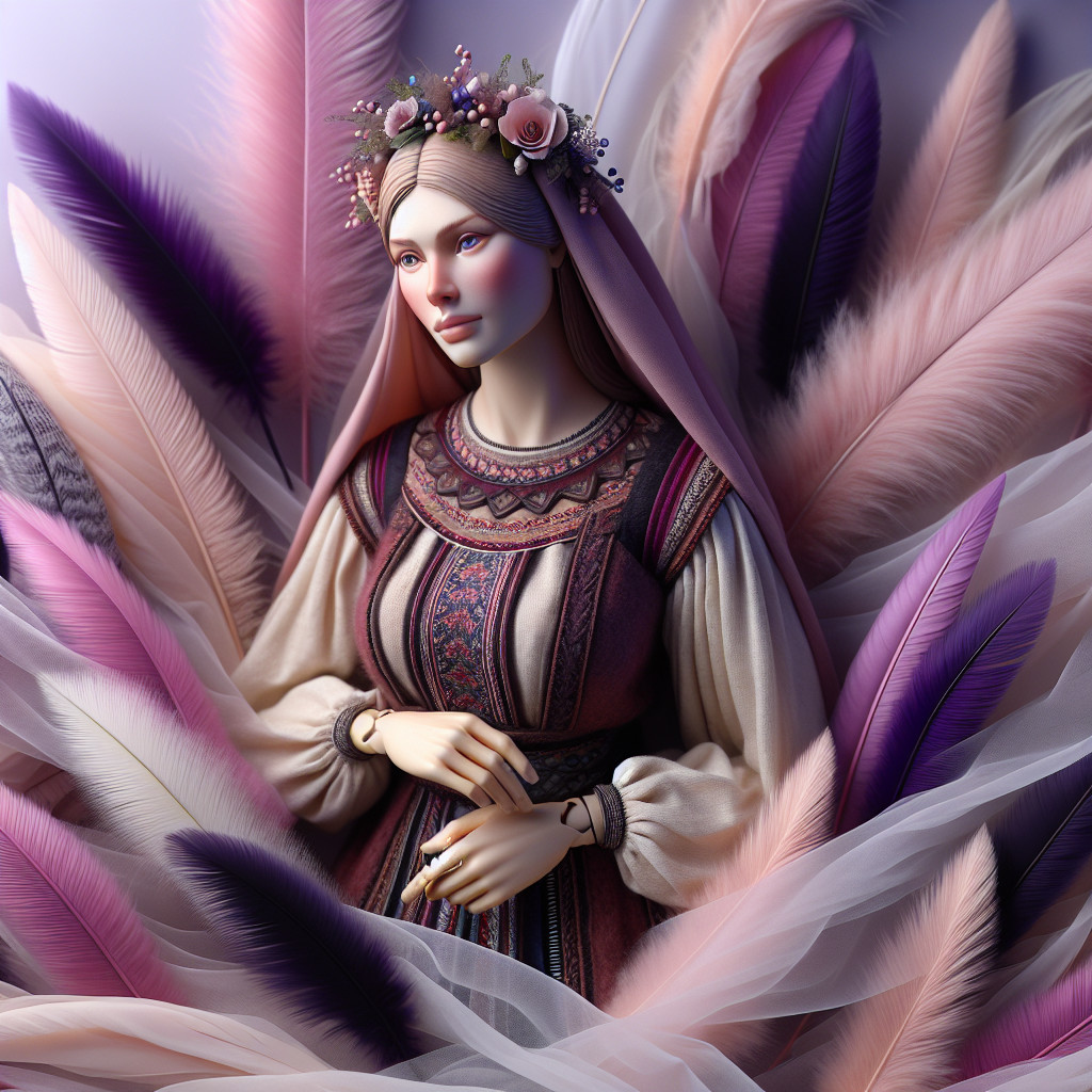 Serene Figure in Intricate Dress with Feather Background