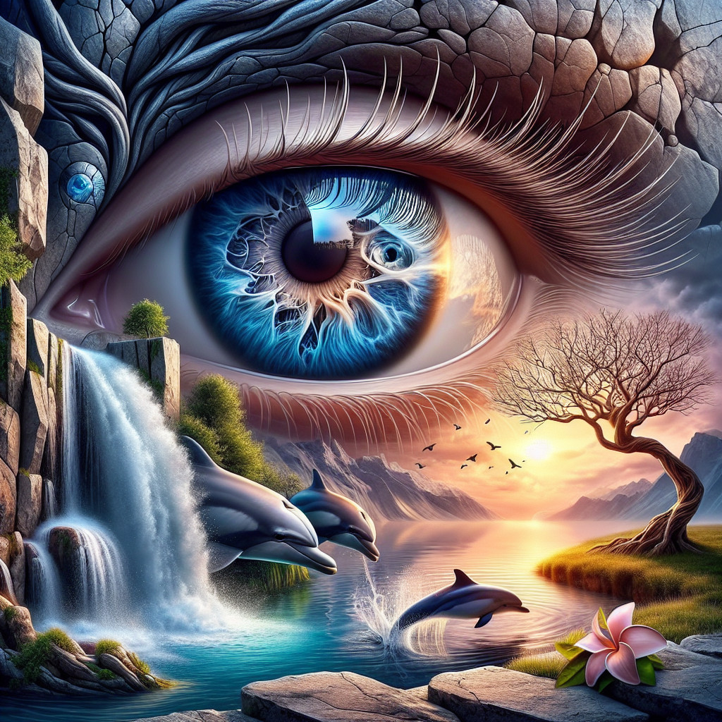 Surreal Landscape with Giant Eye and Dolphins
