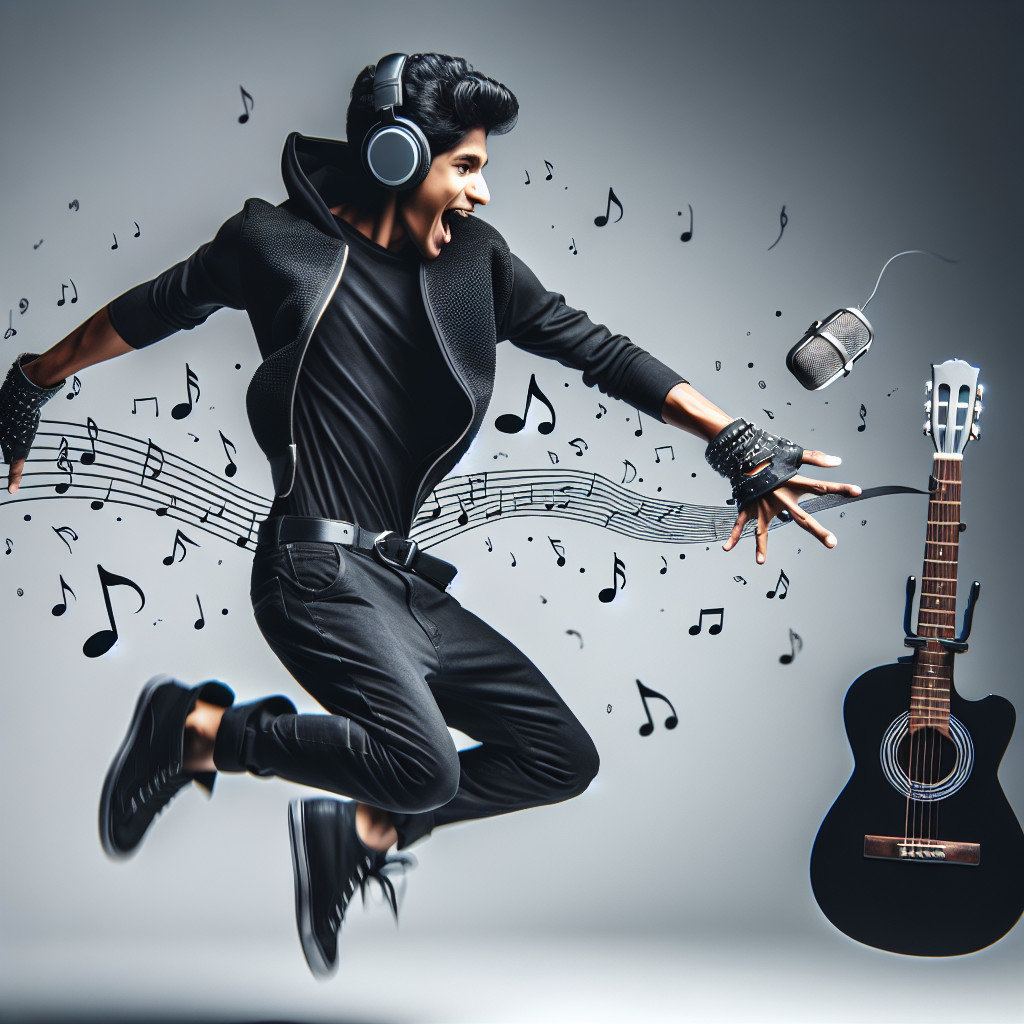 Young man in black outfit with musical elements