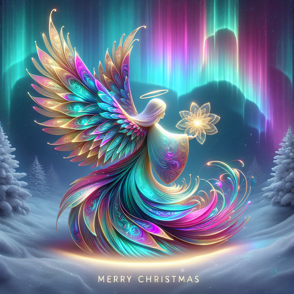 Ethereal Angel in Snowy Landscape with Auroras
