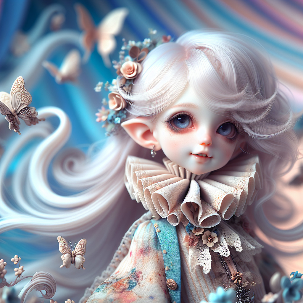 Whimsical Doll with Silver Hair and Pastel Background