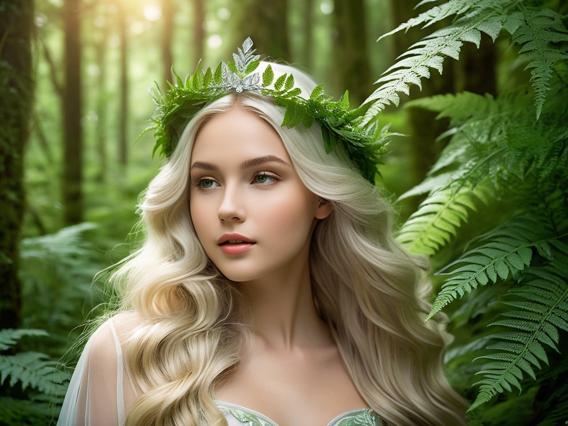 Young woman in forest with crown of ferns and leaves
