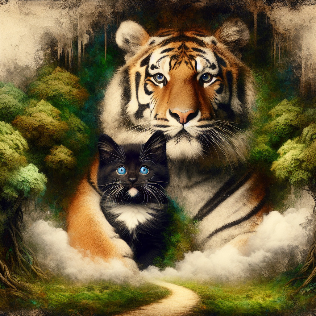 Majestic Tiger and Playful Kitten in Mystical Forest