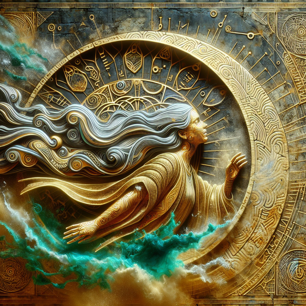 Mystical figure in golden robe with clock and clouds