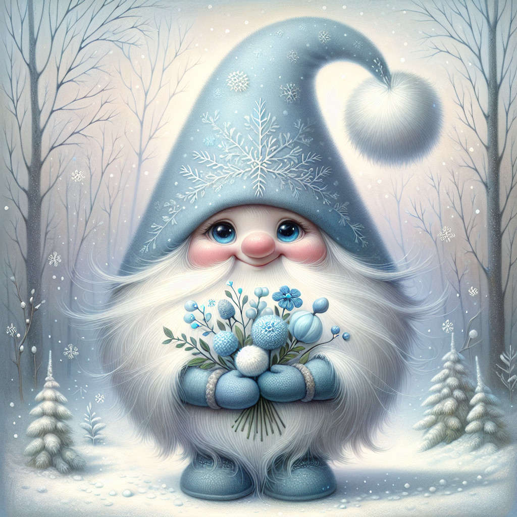 Whimsical Winter Gnome in Snowy Landscape with Flowers