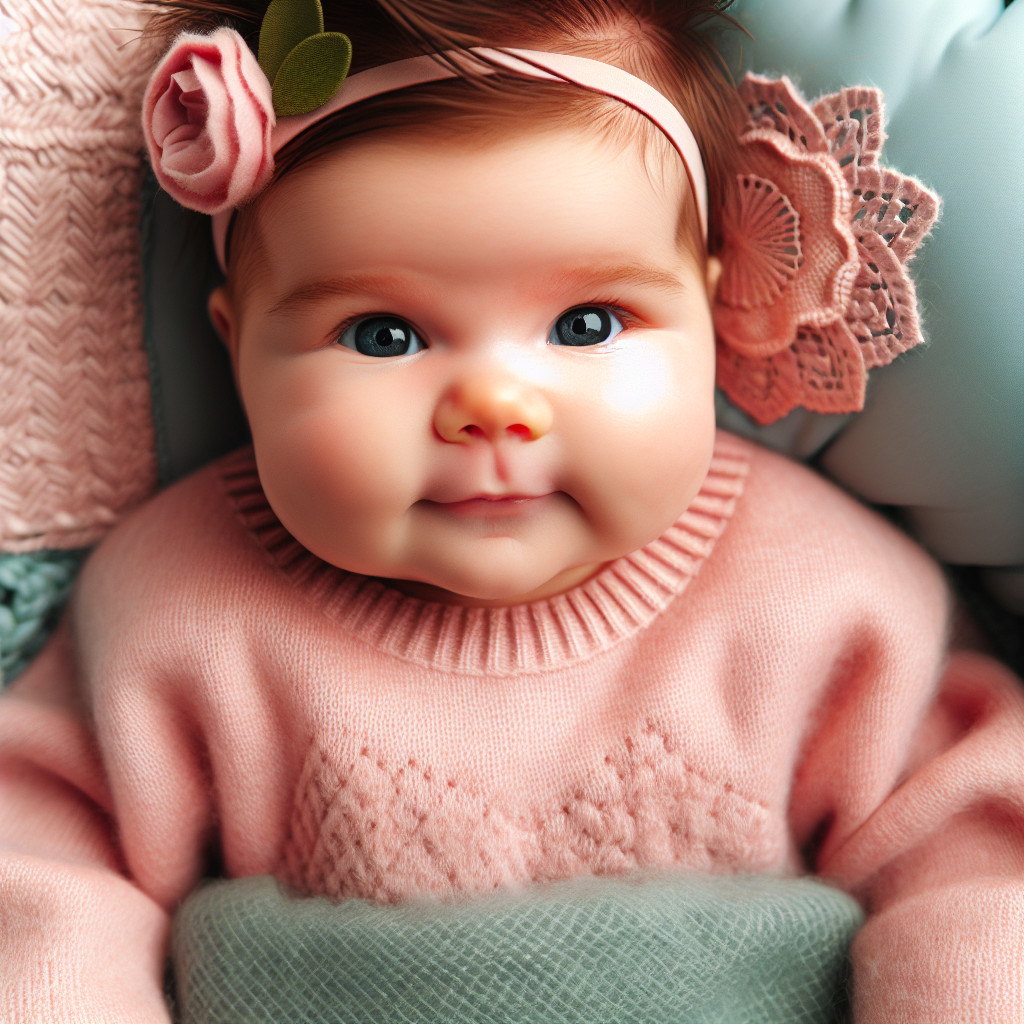 Close-up of a smiling baby in a cozy pink sweater
