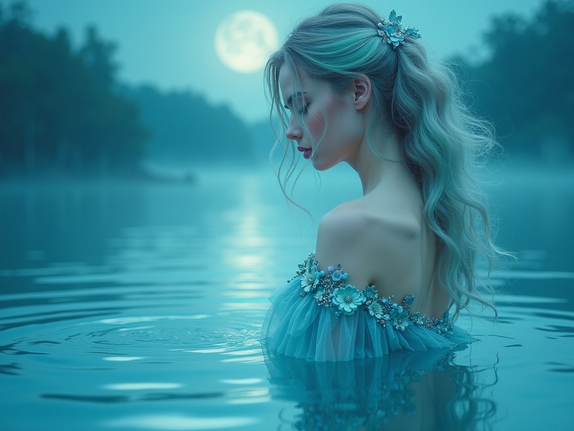 Young Woman in Dreamlike Scene by Reflective Water