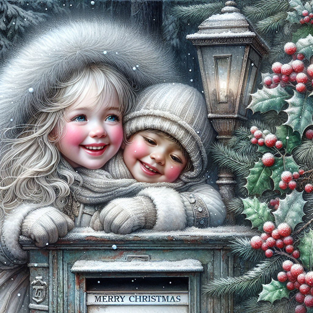 Children in Winter Attire by Christmas Mailbox