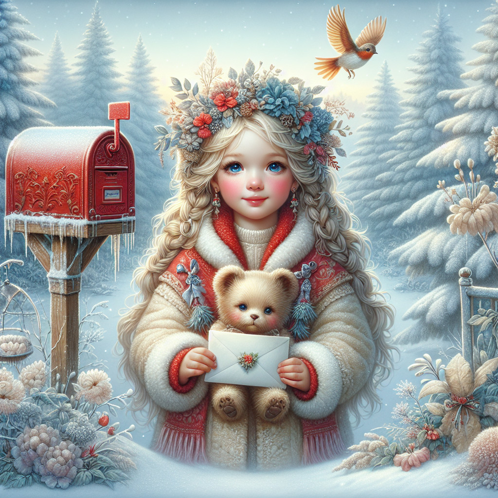 Winter Landscape with Girl, Teddy Bear, and Mailbox