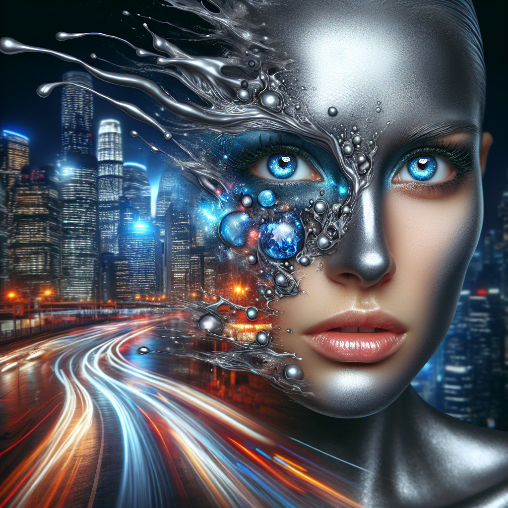 Futuristic Woman with Metallic Face in Vibrant Cityscape