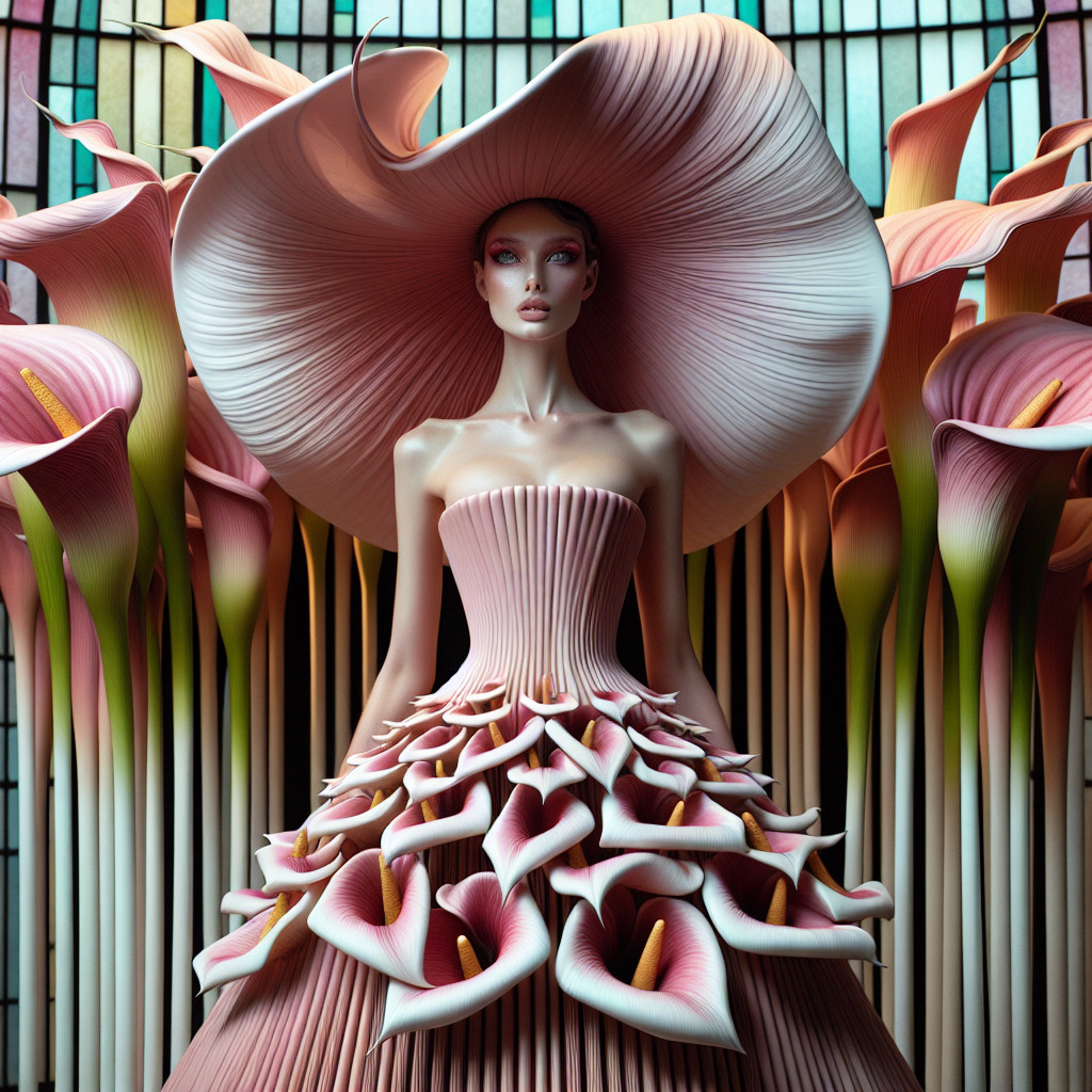 Fashion Model in Floral-Inspired Gown with Calla Lilies