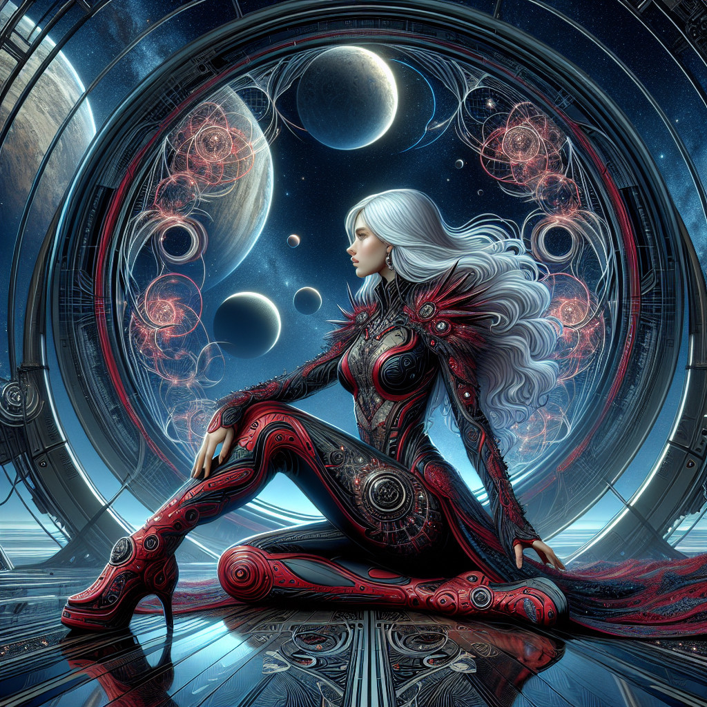 Futuristic figure in cosmic setting with flowing hair