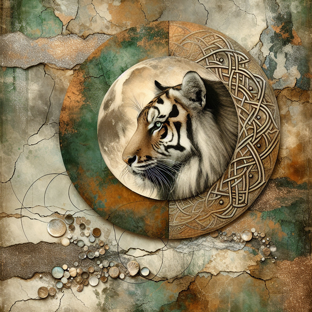 Stylized Tiger Head with Celtic Patterns and Earthy Tones