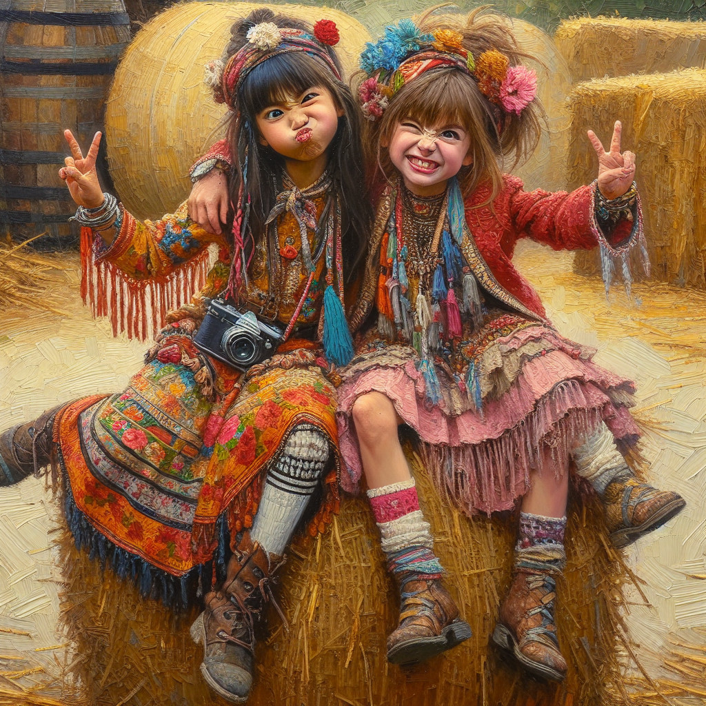 Playful Moment of Two Girls on a Haystack