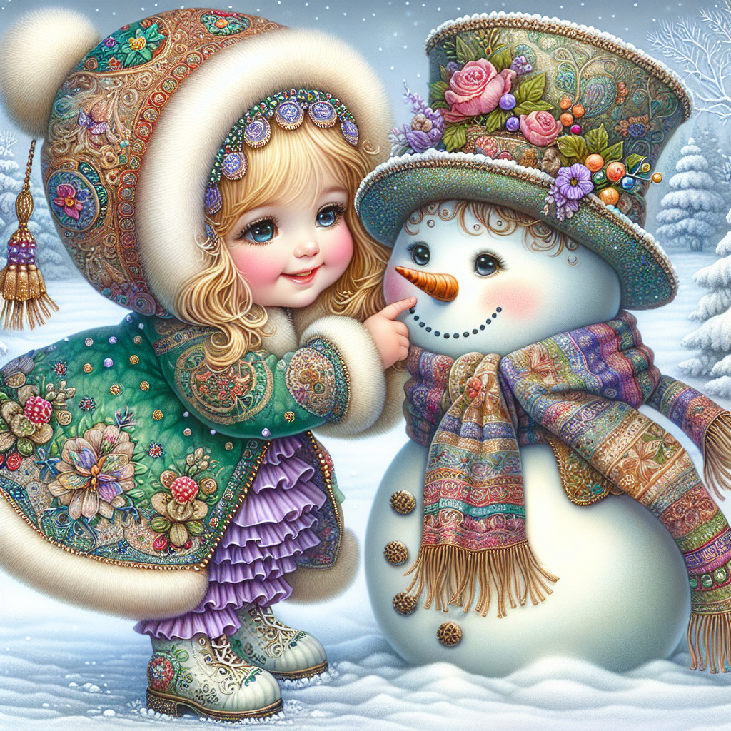 Playful Scene of Girl with Snowman in Winter Wonderland