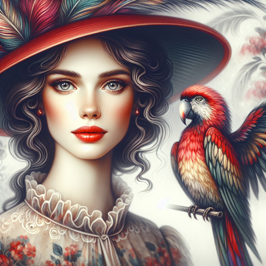 Portrait of a Young Woman with Vibrant Hat and Parrot