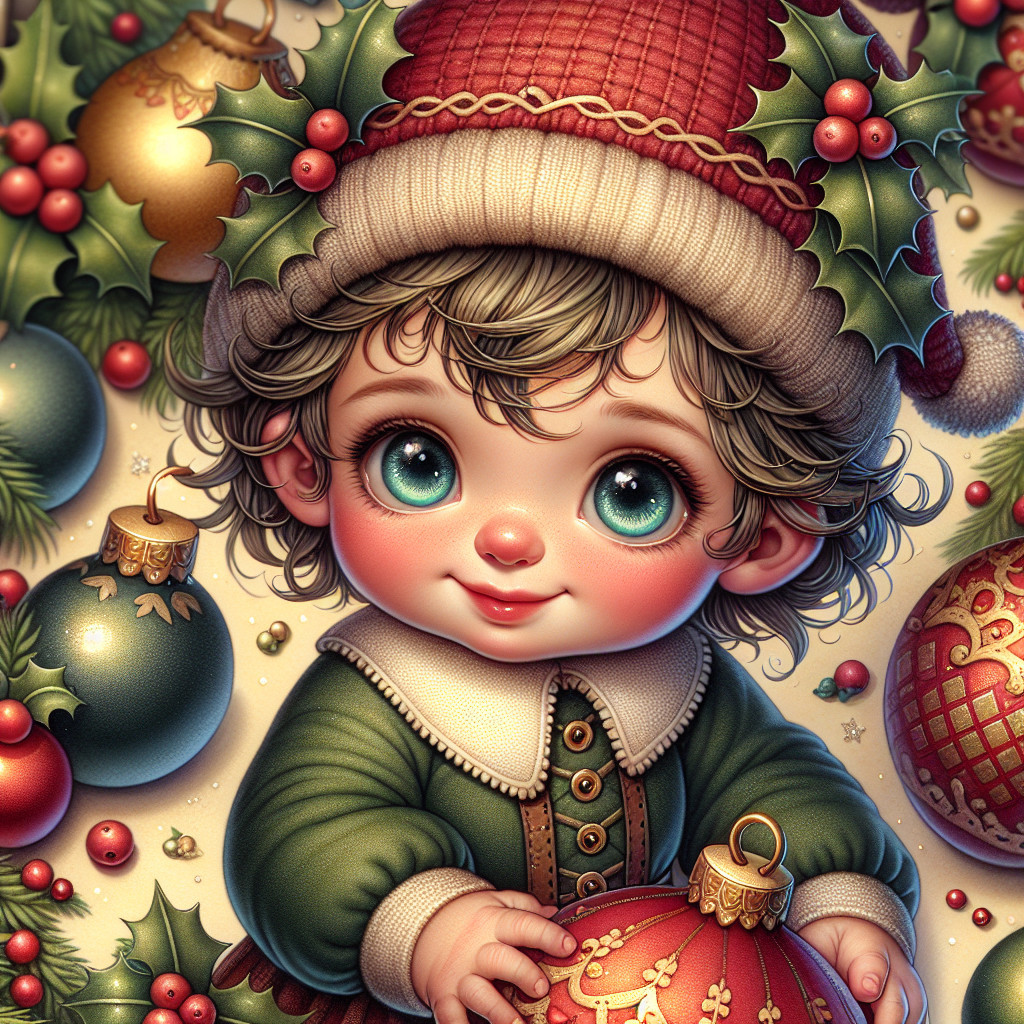 Whimsical Illustration of a Joyful Child in Christmas Decor