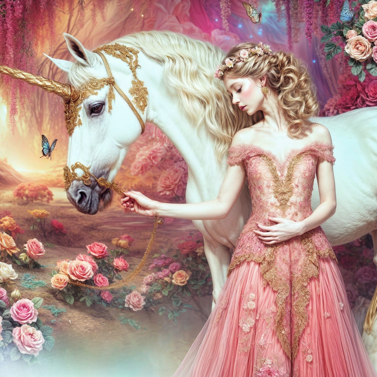 Magical garden with flowers, unicorn, and butterflies