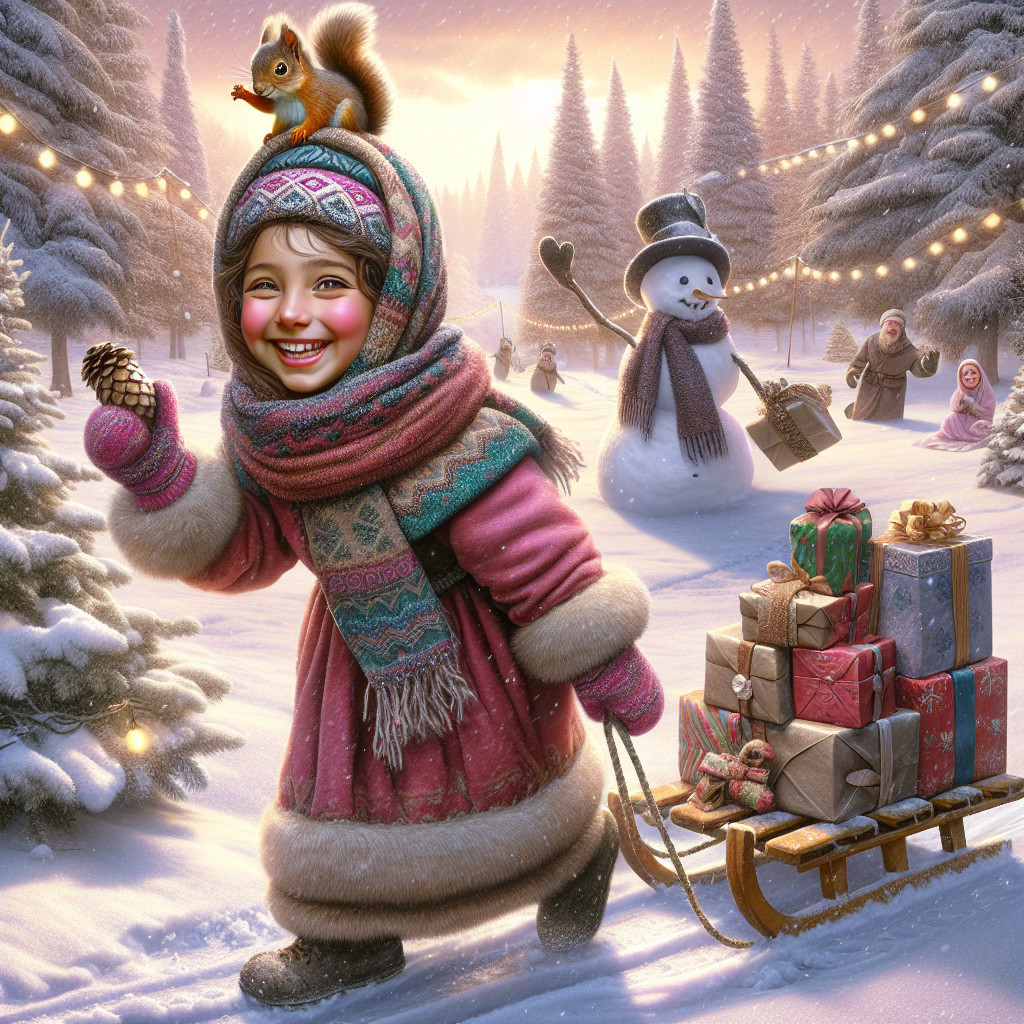 Joyful Girl in Colorful Coat Pulls Sled in Winter Scene