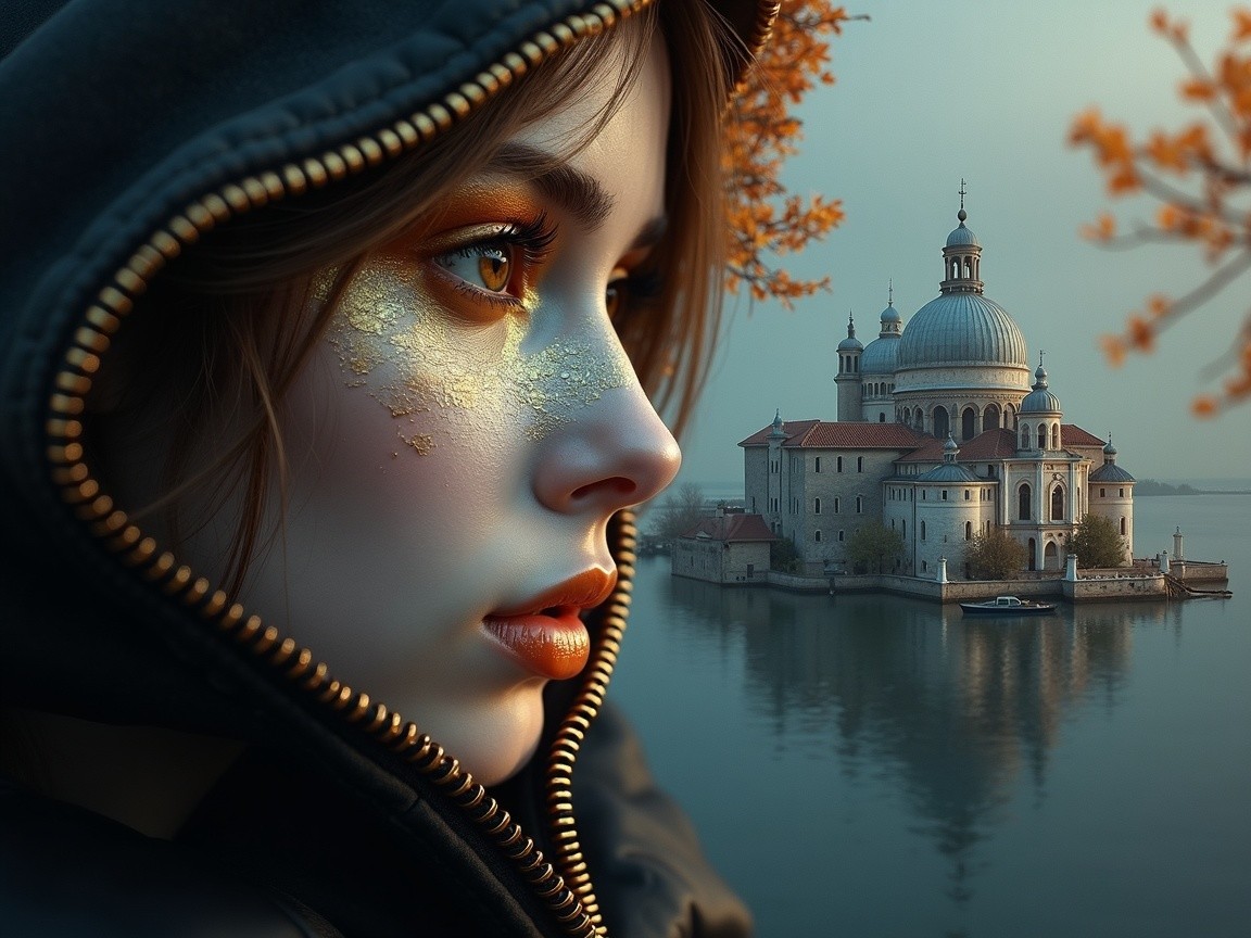 Young Woman with Gold Accents in Dreamlike Setting