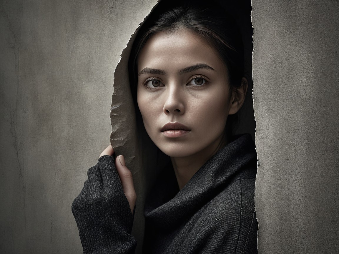 Young woman in turtleneck by torn gray wall