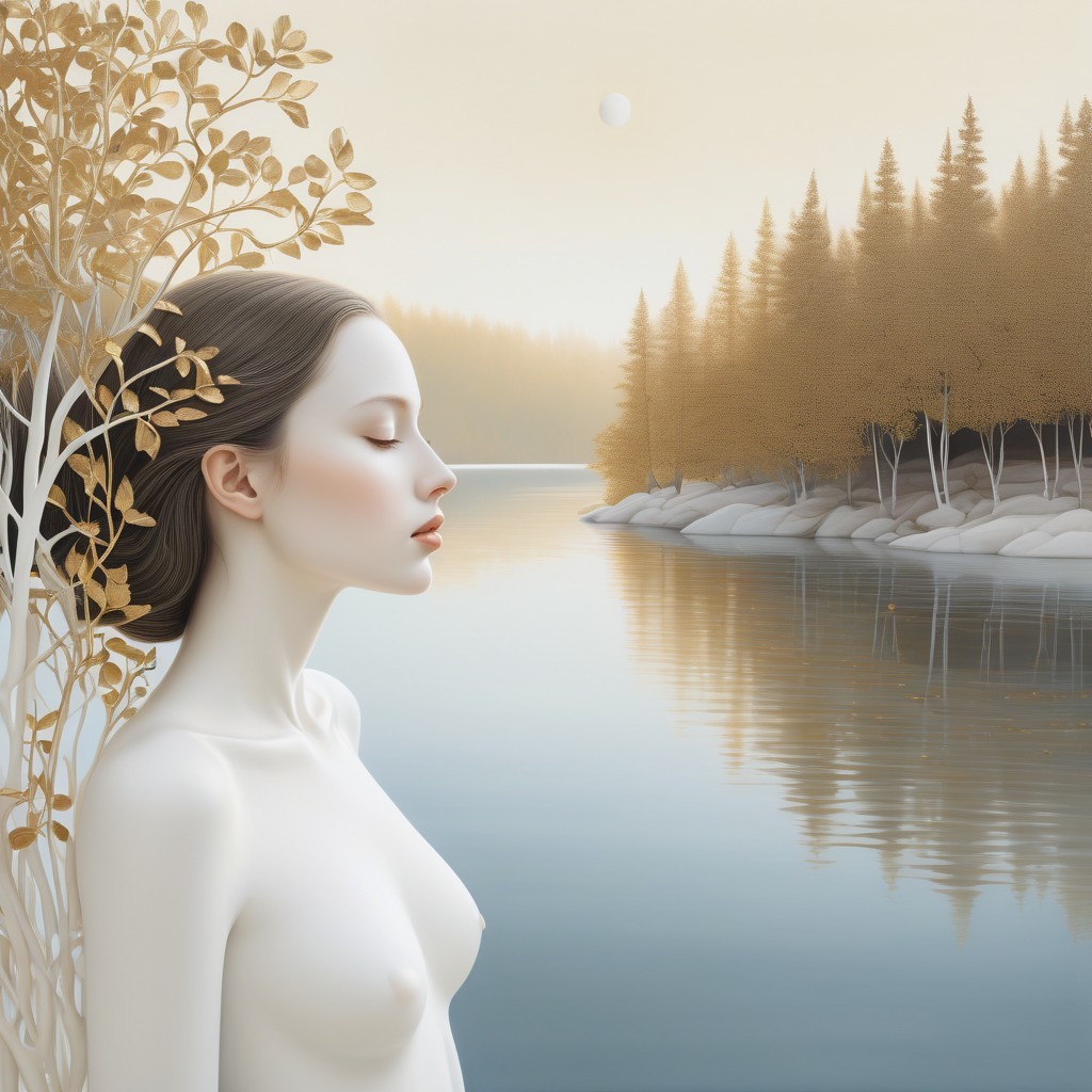 Portrait of a woman by a tranquil river landscape