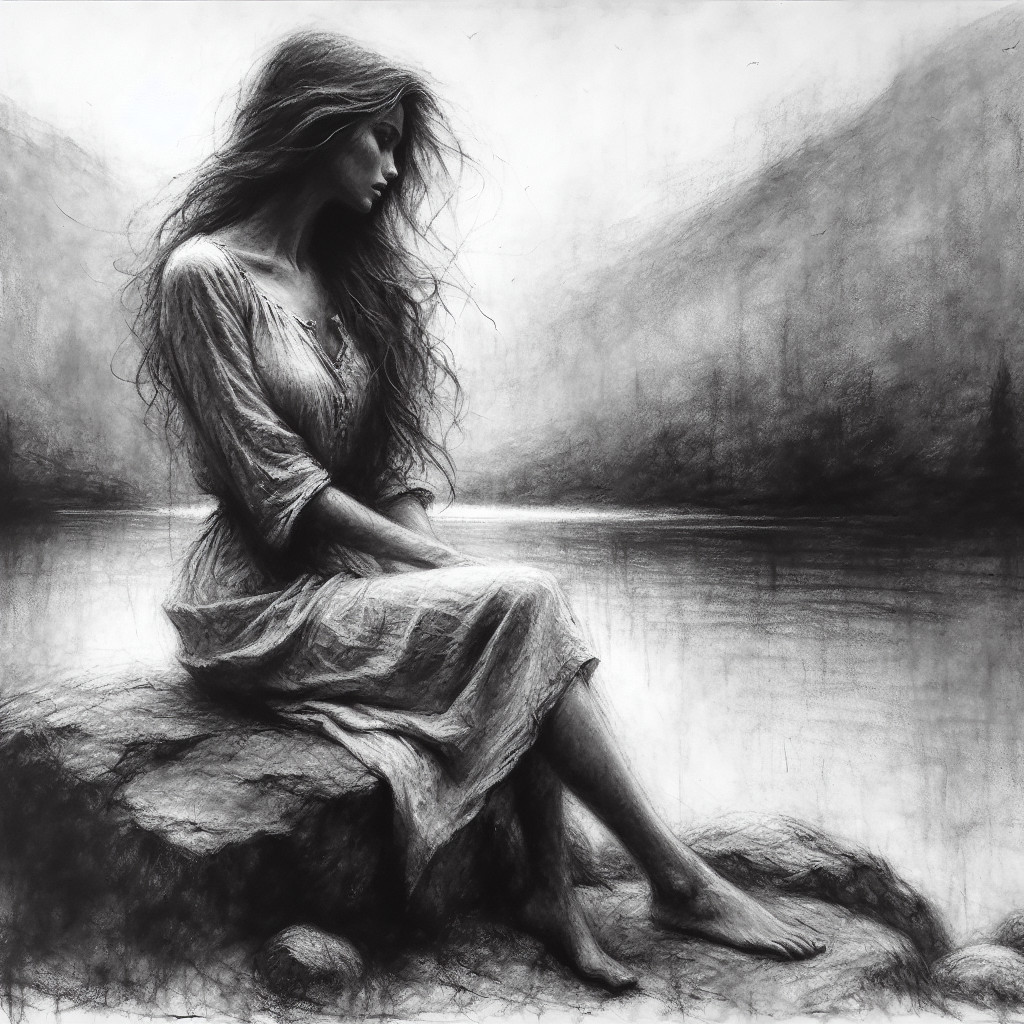 Young Woman in Ethereal Landscape by Tranquil Water