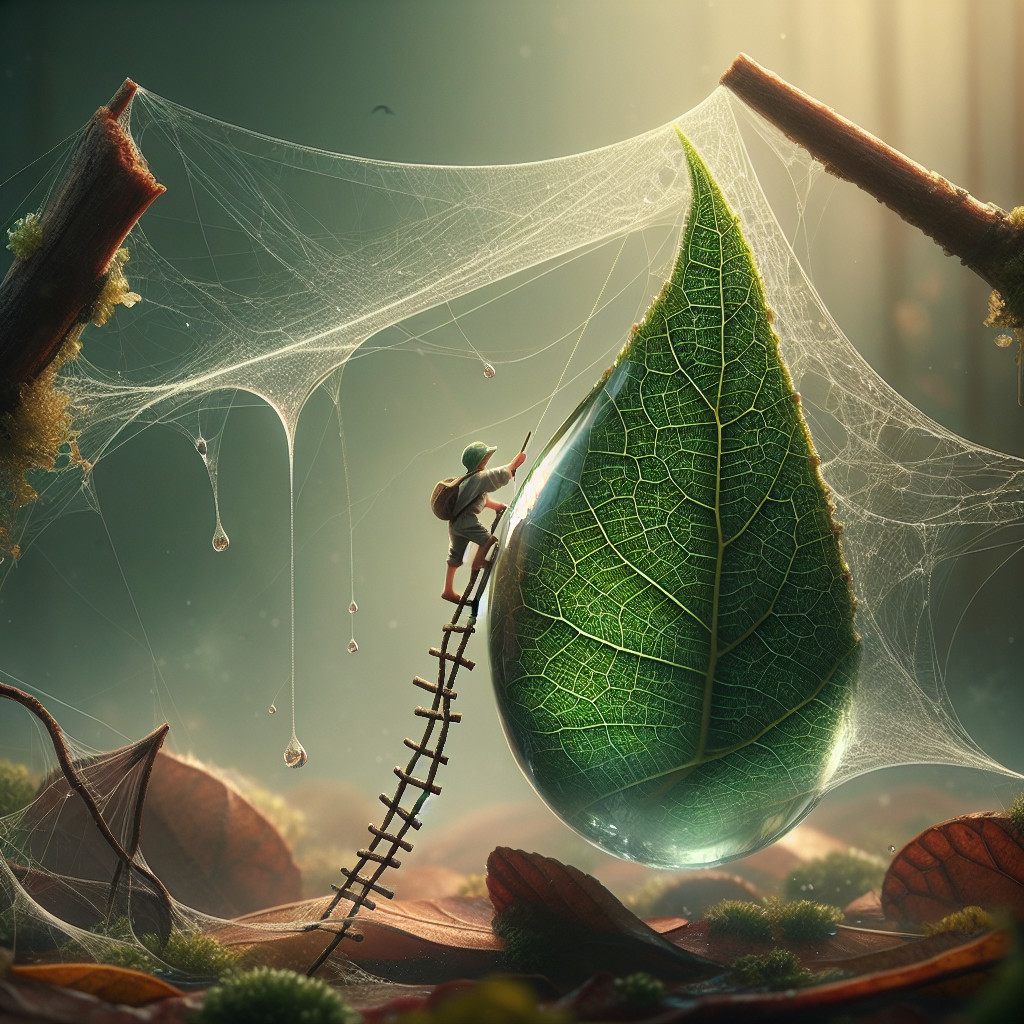 Tiny Figure Climbing Ladder to Large Dewdrop Scene