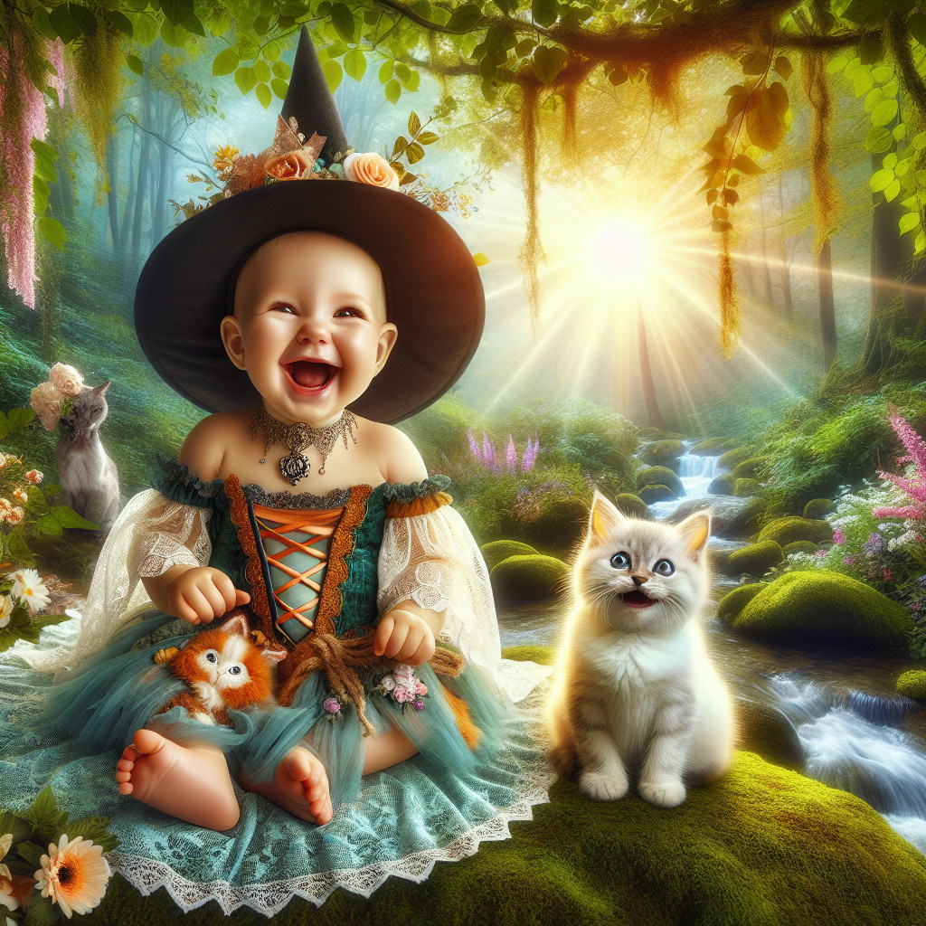 Baby Witch on Mossy Stone in Vibrant Forest Setting
