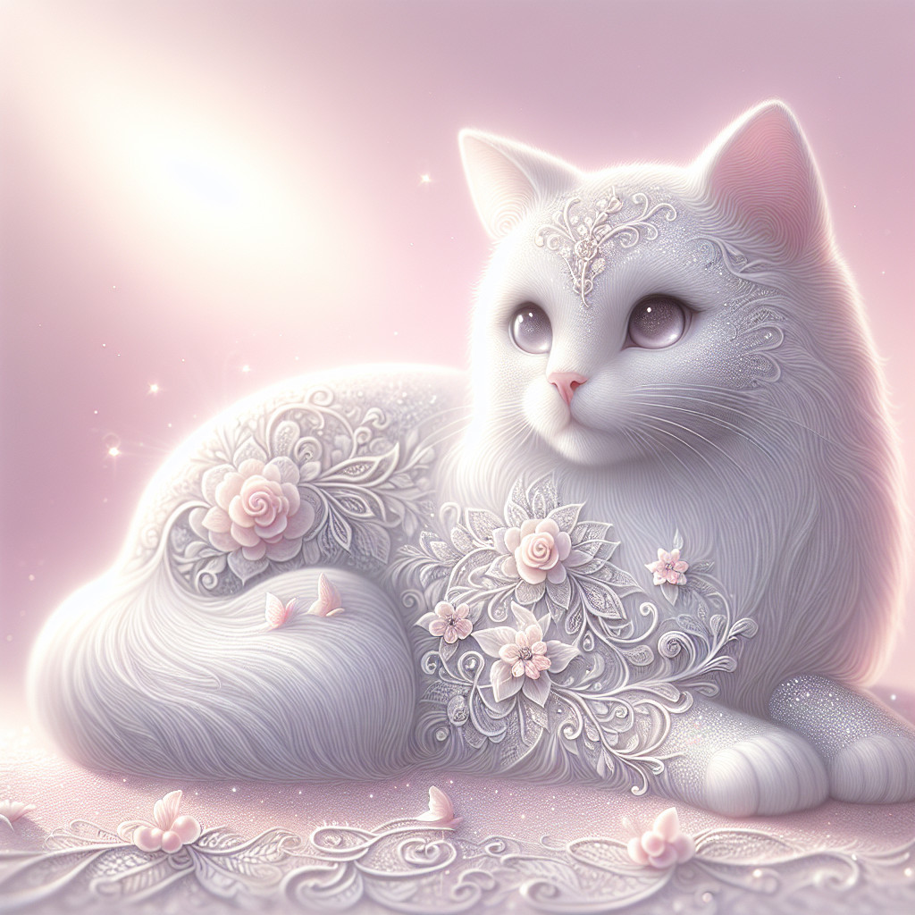 Whimsical White Cat with Floral Patterns and Pastel Eyes