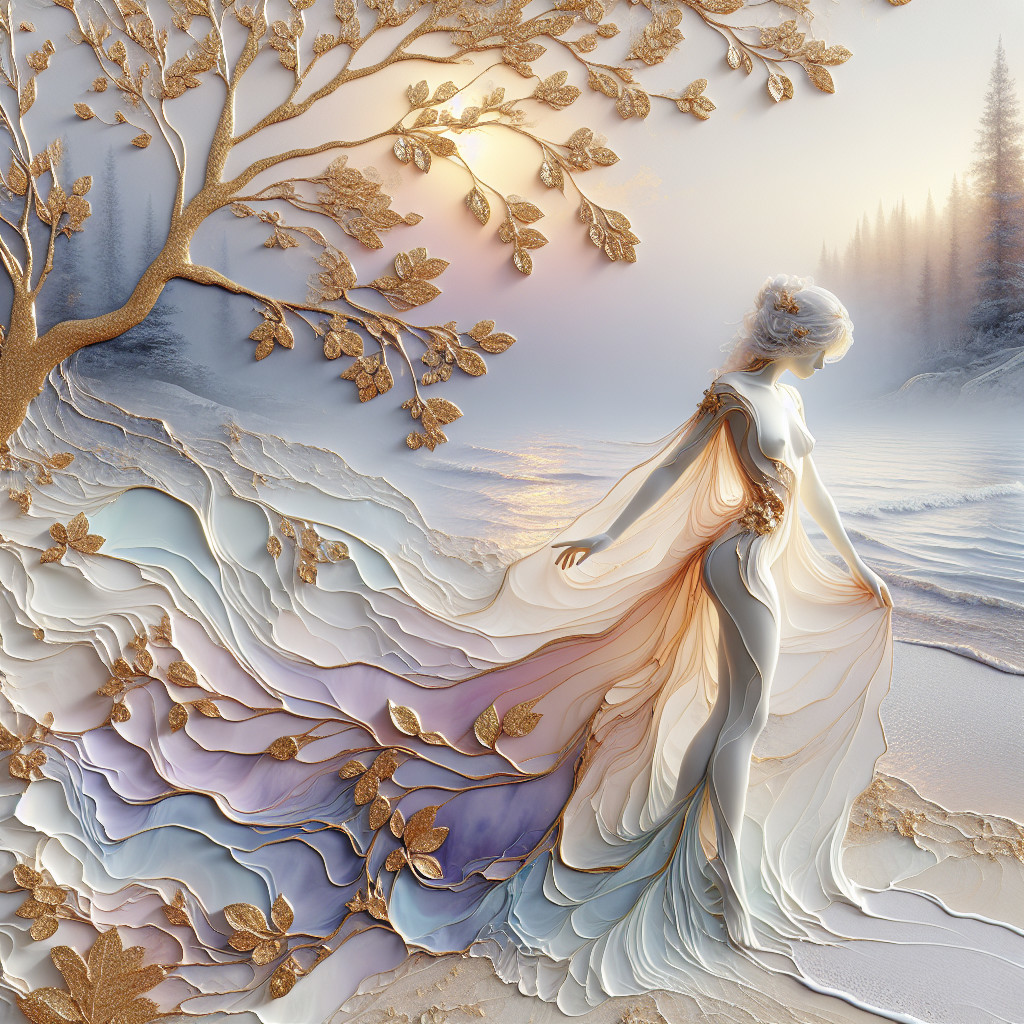 Ethereal Figure by Tranquil Shoreline at Sunrise
