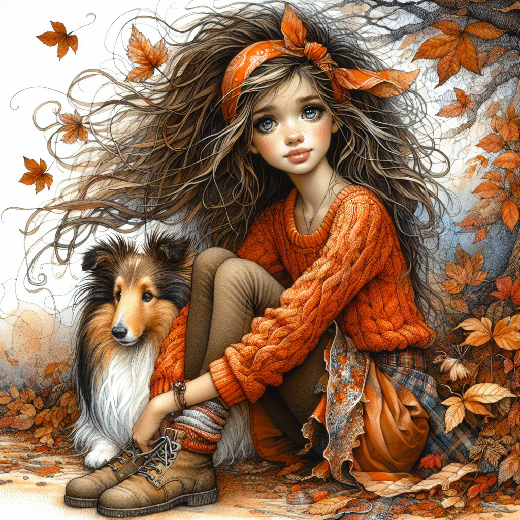 Girl in orange sweater with collie in autumn leaves