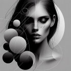 Black-and-white portrait of a woman with geometric design