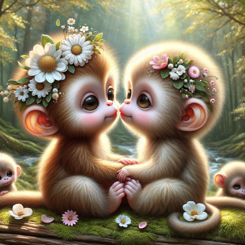 Baby monkeys in flower crowns in a serene forest