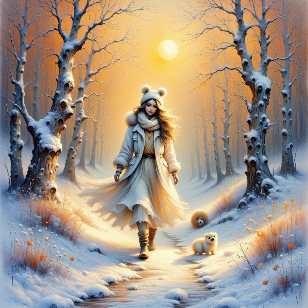 Winter Landscape with Woman, Dog, and Frosted Trees