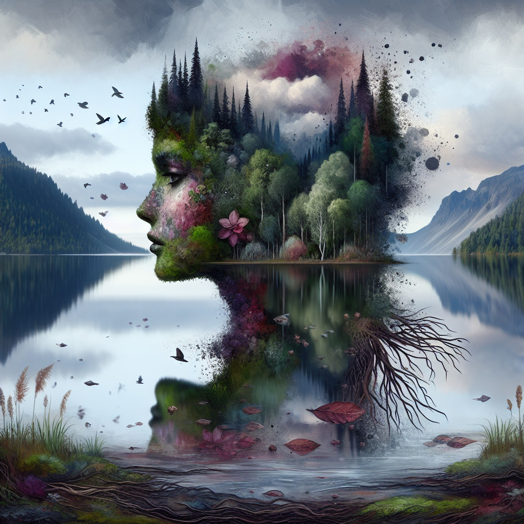 Goddess Face in Tranquil Lake with Forest Elements