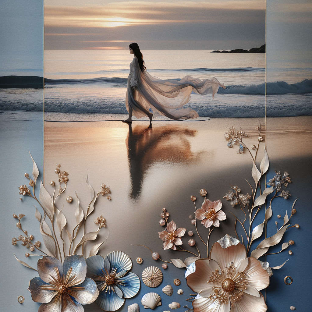 Serene Beach Scene at Sunset with Flowing Dress