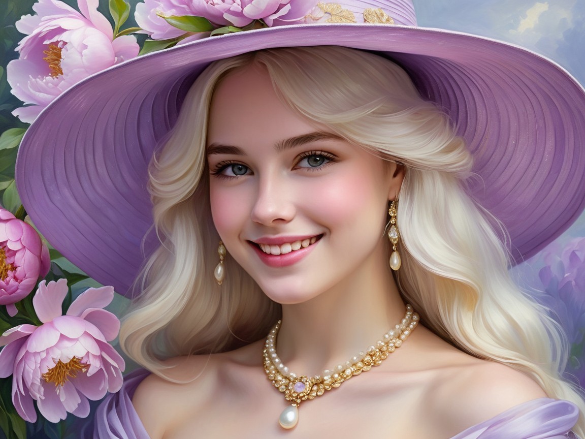 Young Woman in Lavender Hat Surrounded by Peonies