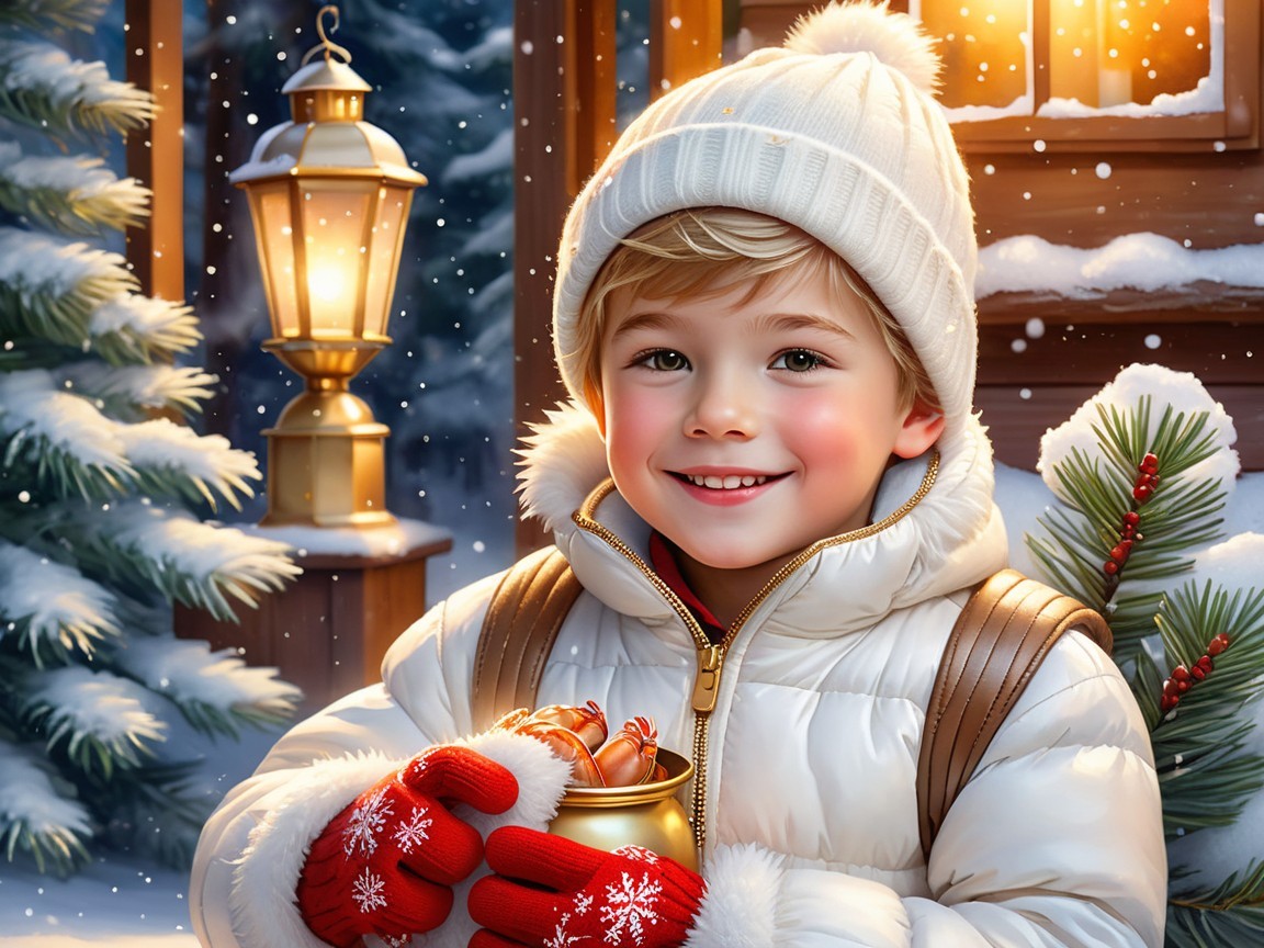 Cheerful boy in winter wonderland with festive treats