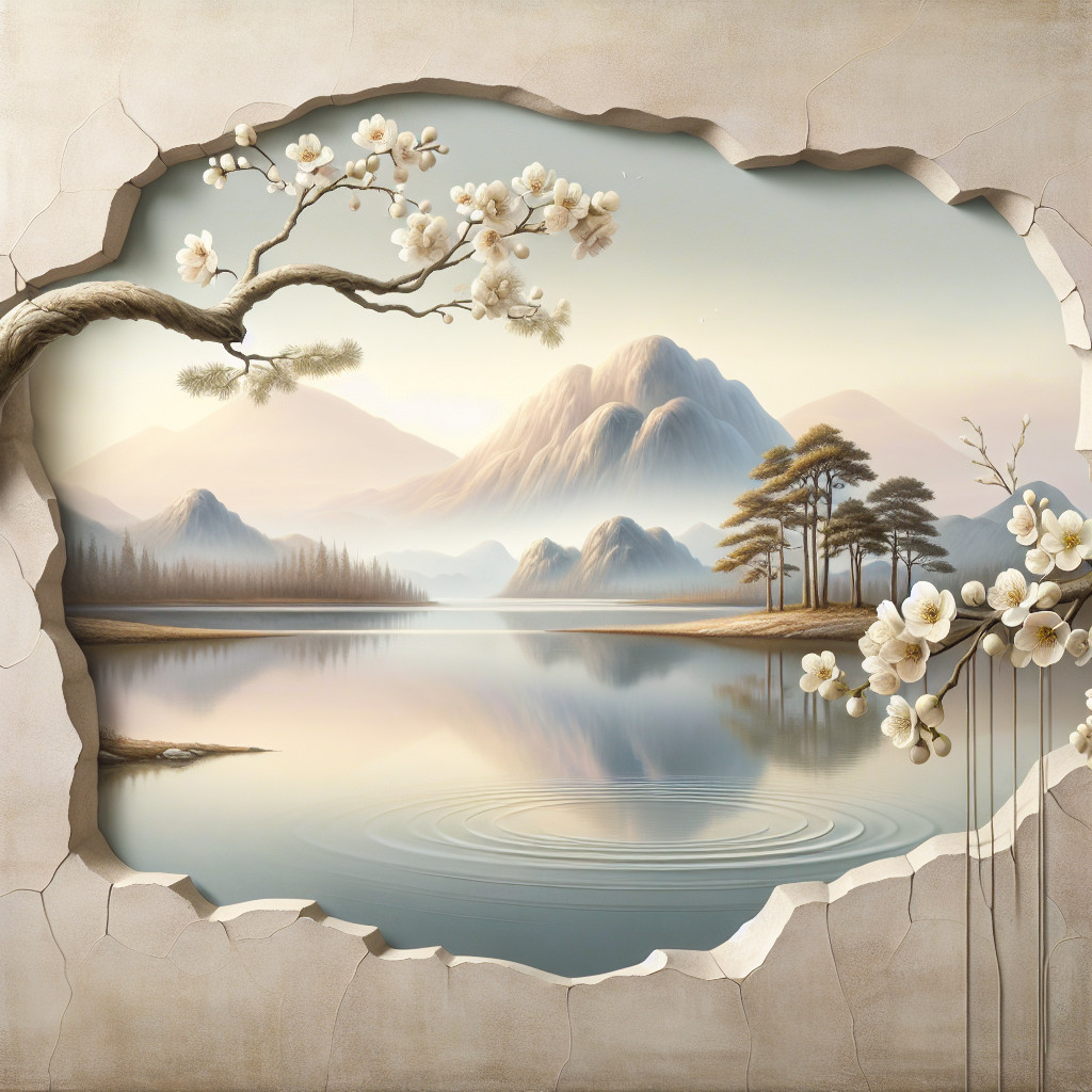 Serene Landscape with Cracked Wall and Cherry Blossoms