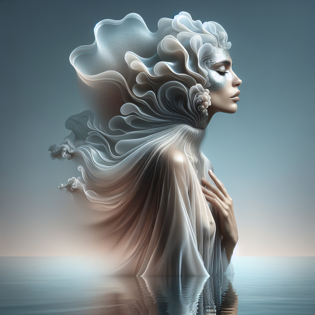Serene Figure in Flowing Fabrics Above Calm Water